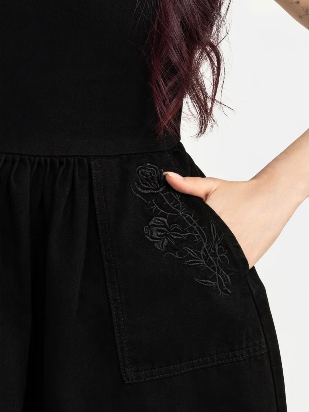 Deadhead Rose Embroidered Black Denim Mini Smock Dress - Picture 4 of 6